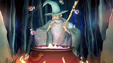 Wizards and magic. Stock footage. Cartoon animation of old wizard preparing potions in cauldron. Wizard mixed potions in