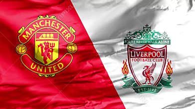 A waving flag with the Manchester United and Liverpool F.C. logos. The North West Derby is a Premier League popular football match