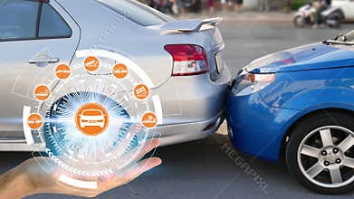 Hand holding with car claim icons over the Network connection on car crash background, car accident for car insuranc claim concept