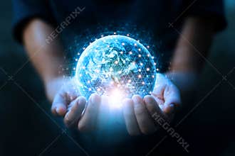 Man hands holding blue earth and global networking connection and data exchanges, global communication network concept, Elements