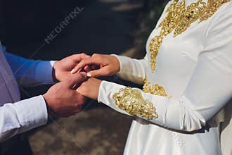 National wedding. Bride and groom. Wedding muslim couple during the marriage ceremony. Muslim marriage.