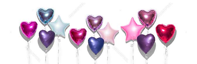 Air Balloons. Bunch of purple heart shaped foil balloons, isolated on white background. Love. Holiday celebration