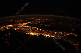 Italy electric lights map at night. City lights. Map of Italy. Satellite view