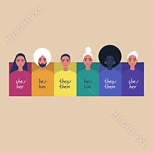 A rainbow frame with portraits of young people, wearing sweaters with their gender pronouns - she, he, them
