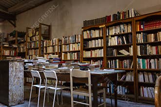 Bookcases with lots of books in the old room