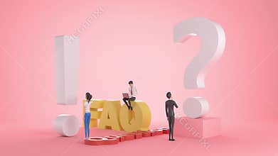 People 3d Characters standing near exclamations and question marks. Woman and man ask questions and receive answers