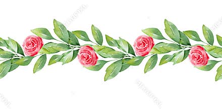 Watercolor borders Pattern with cute hearts and delicate flowers