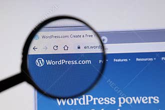 Los Angeles, California, USA - 3 December 2019: WordPress website page. Wordpress.com logo on display screen, Illustrative