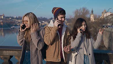 People standing on street and arguing on phone. Social problem, conflict, diversity, relationship,buisness, job concept
