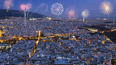 Happy New Year fireworks over Athens city