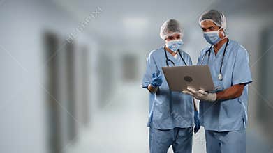 Animation of doctors wearing coronavirus Covid-19 and using laptop
