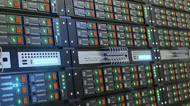 Close the server rack cluster in the data center with the selected focus, narrow depth field. The camera moves along the server wi