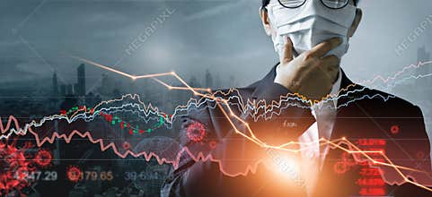 Economy crisis, Businessman with mask, Analysis corona virus economic impact, Crisis business and market financial conditions