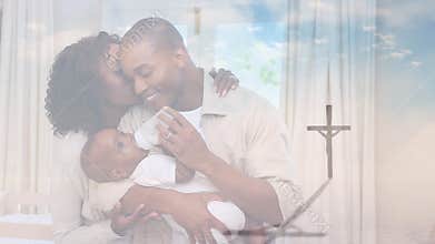 Animation of a Christian cross over a family spending time together