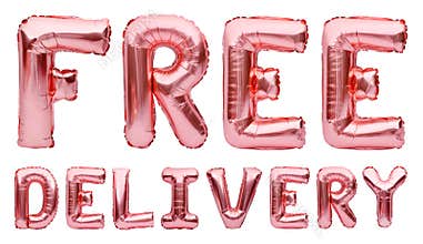 Pink golden words FREE DELIVERY made of inflatable balloons isolated on white background. Rose gold foil balloon letters,