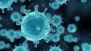 Virus animation, corona virus outbreak covid-19, microscopic view of floating influenza virus cells