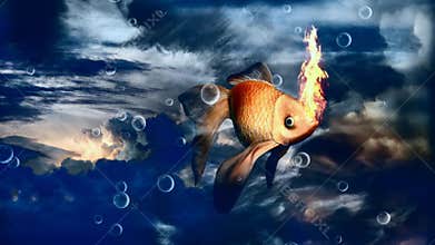 Surreal golden fish in blue sky