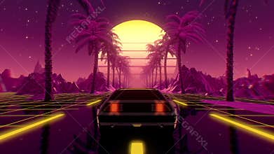 80s retro futuristic sci-fi seamless loop. VJ landscape with vintage car