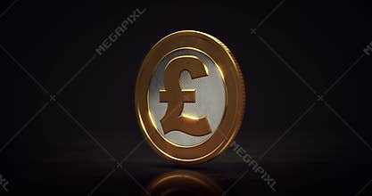 Rotating golden Pound coin above floor on dark background.