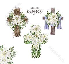 Hand drawn watercolor floral cross and white lily arrangement. Religious decorative wreath with spring flowers, green foliage