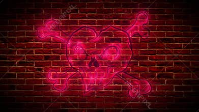 Neon sign, a symbol of a skull with roses, a bright luminous billboard