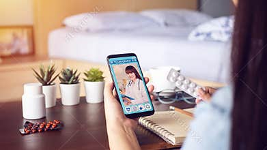Sick woman use video conference, make online consultation with doctor on mobile application, patient ask doctor about illness