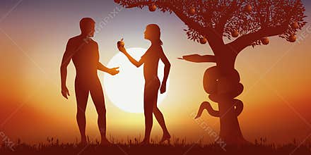 Myth of the creation of man by God with Adam and Eve at the time of crunching the apple.