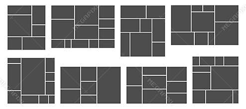 Square photo collage. Photos grid template, rectangular frame and pictures composition vector templates set