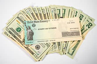 Illustration of the federal stimulus payment check from the IRS with cash on white