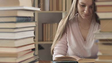 Girl is sitting at table in library among many books and textbooks reads books