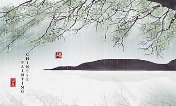 Chinese ink painting art background plant elegant landscape view of tree branch by the river in a rainning day. Chinese