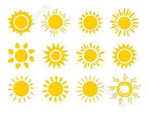 Yellow sun icon set. Orange summer spring sunshine rays. Weather bright sunlight sing. Vector sunrise logo