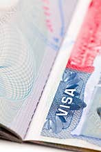 Macro shot of a U.S. visa on passport page