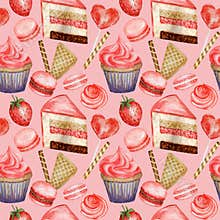 Watercolor Seamless pattern. Red Blue Sweet deserts with Cream and biscuit, waffle, cake, cupcake, berries. Hand drawn