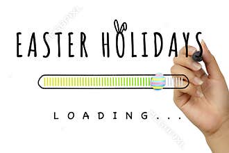Female hand writing Easter Holidays doodle with decorative egg loading bar on white background - Spring seasonal holiday