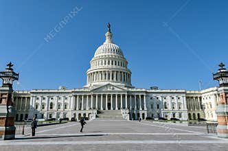 Full view of US Capitol in Washington DC, home of Congress.