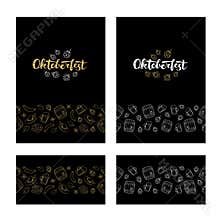 Vector oktoberfest banner template set. Grunge poster and border frame with holiday symbol bavarian retro style food and beverages