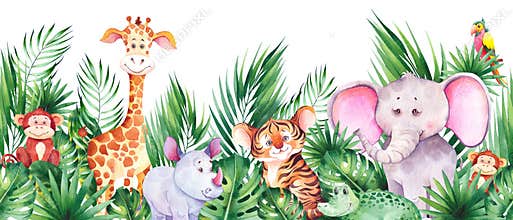 Seamless horizontal border with cute african cartoon animals.