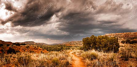Panoramic view with dramatic cloudsinf the Palo Duro Canyon