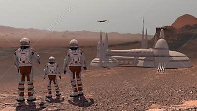 Family colonists immigrants to Mars, a man, a woman and a child admire the Martian landscape, the city and the spaceship