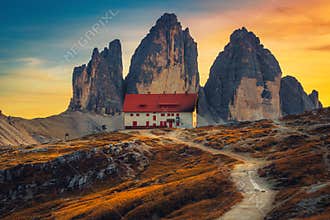 Famous Tre Cime di Lavaredo peaks at sunset, Dolomites, Italy
