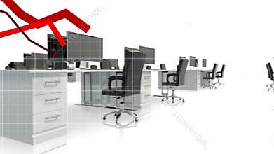 Animation of red graph forming with a grid over empty office desks with chairs rolling