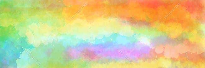 Colorful watercolor background of abstract sunset sky with puffy clouds in bright rainbow colors