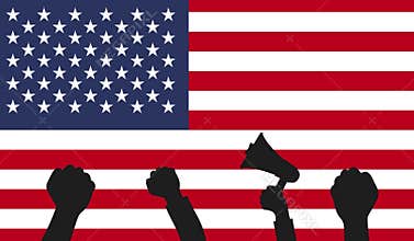 Protest in USA. Fists moving video- animation on USA flag.