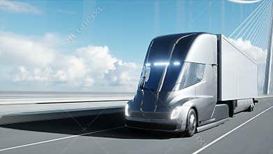 3d model of futuristic electric truck on the bridge. Electric automobile. Realistic 4k animation.
