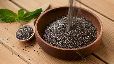 Chia seeds in wooden bowl