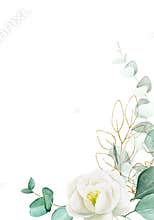 Watercolor drawing, frame of eucalyptus leaves and white rosehip flowers with gold sparkling leaves. Vintage flower vignette with