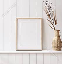 Mockup poster frame close up in coastal style home interior
