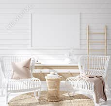 Mock up frame in cozy coastal home interior background