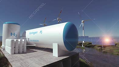 Hydrogen renewable energy production - hydrogen gas for clean electricity solar and windturbine facility. 3d rendering